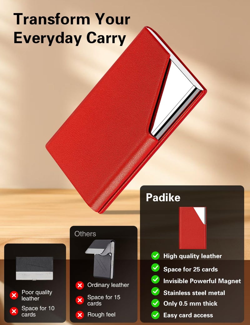 Padike Business Card Holder, PU Leather & Stainless Steel Multi Card Case for Men & Women, Name Card Holder, Credit Card Wallet, ID Case/Holder with Magnetic Closure (Red) - Image 2